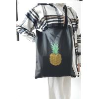 Ananas Detay Desenli Bez Çanta - Pazar Market Çantası - Kitap Çantası Siyah